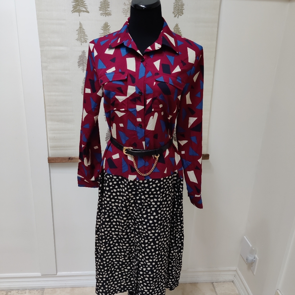 Mixed Print Button Down Shirt Dress Medium